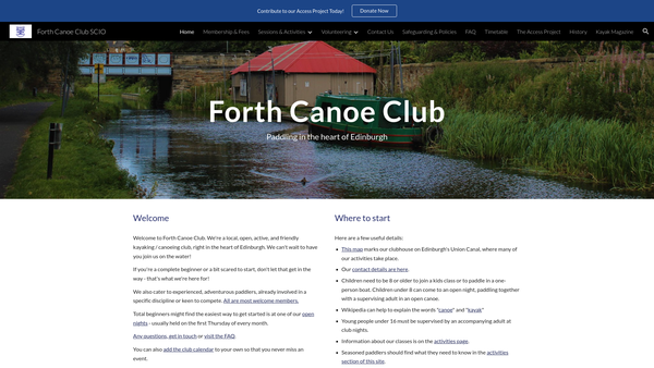 Screenshot of the Forth Canoe Club website