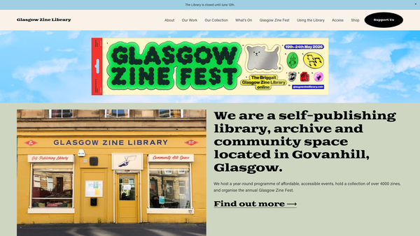 Screenshot of the Glasgow Zine Library, SCIO website