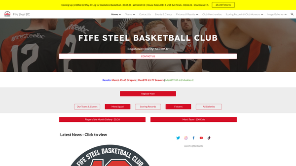 Screenshot of the Fife Steel Basketball Club website