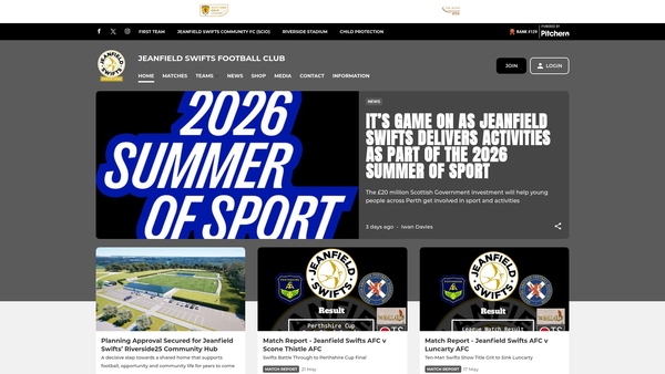 Screenshot of the Jeanfield Swifts Community FC (SCIO) website