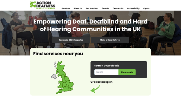 Screenshot of the Action Deafness website