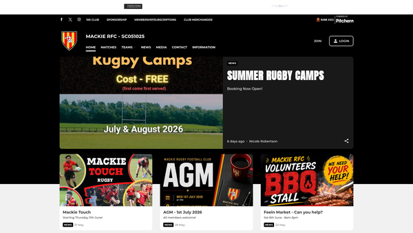 Screenshot of the Mackie Rugby Football Club website