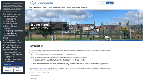 Screenshot of the Irvine Tennis Community website