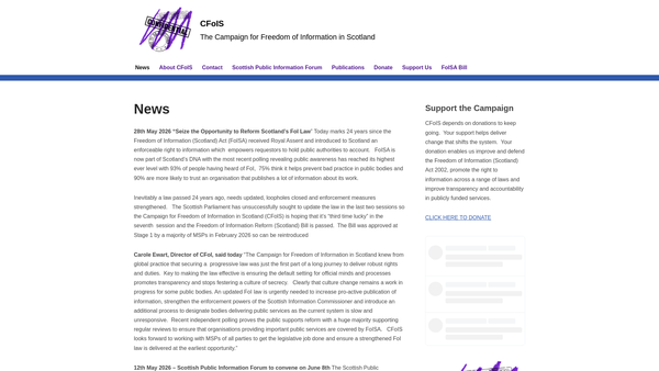 Screenshot of the The Campaign for Freedom of Information in Scotland website