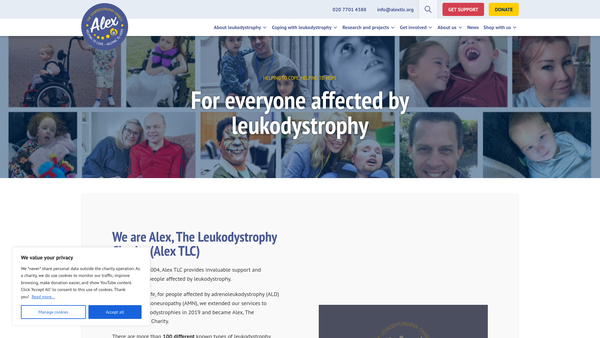 Screenshot of the Alex, The Leukodystrophy Charity website