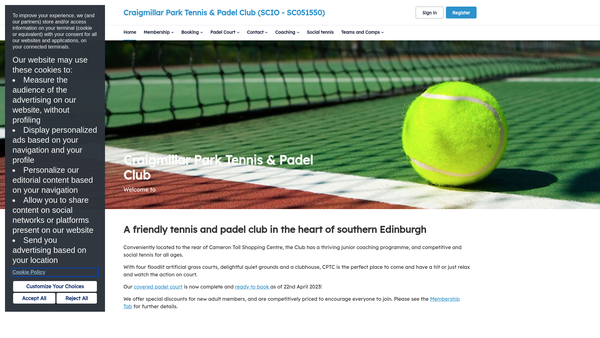 Screenshot of the Craigmillar Park Tennis Club (SCIO) website