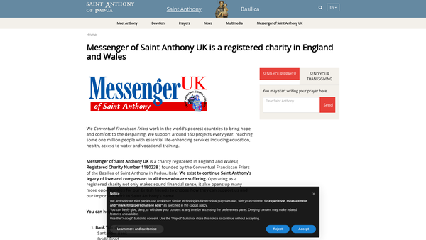 Screenshot of the Messenger of Saint Anthony UK website