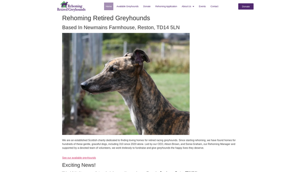 Screenshot of the Rehoming Retired Greyhounds (Scotland) Ltd website