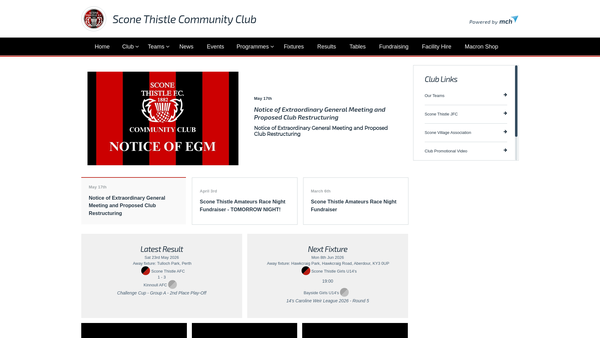 Screenshot of the Scone Thistle Community Club SCIO website