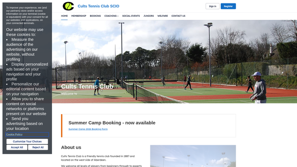 Screenshot of the Cults Tennis Club SCIO website