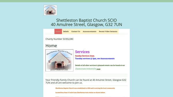 Screenshot of the Shettleston Baptist Church SCIO website