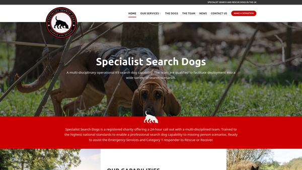 Screenshot of the Specialist Search Dogs website