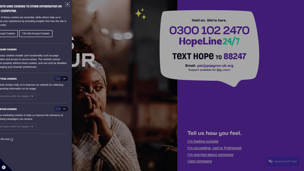 Screenshot of the PAPYRUS Prevention of Young Suicide website
