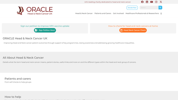 Screenshot of the Oracle Head and Neck Cancer UK Limited website