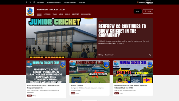 Screenshot of the Renfrew Cricket Club website
