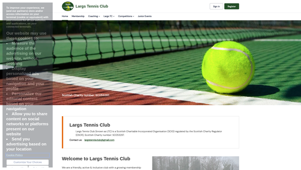 Screenshot of the Largs Tennis Club website