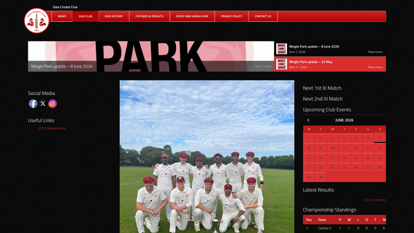 Screenshot of the Galashiels Cricket Club website