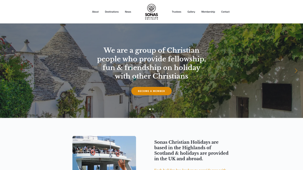 Screenshot of the Sonas Christian Holidays website