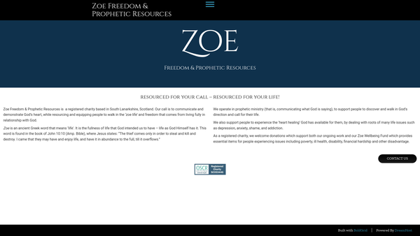 Screenshot of the Zoe Freedom & Prophetic Resources website