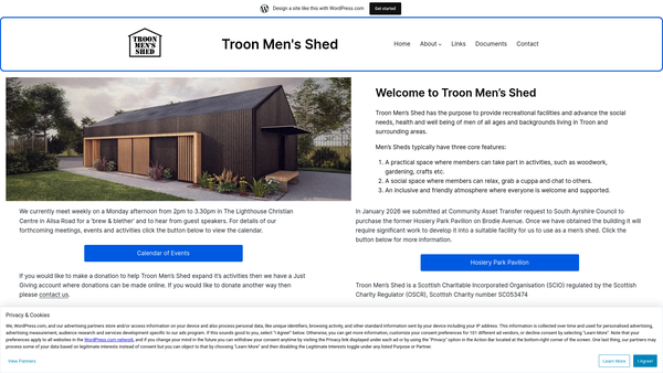 Screenshot of the Troon Men's Shed website