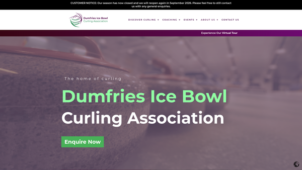 Screenshot of the Dumfries Ice Bowl Curling Association website