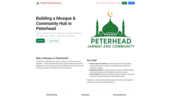 Screenshot of the Peterhead Jammat and Community SCIO website