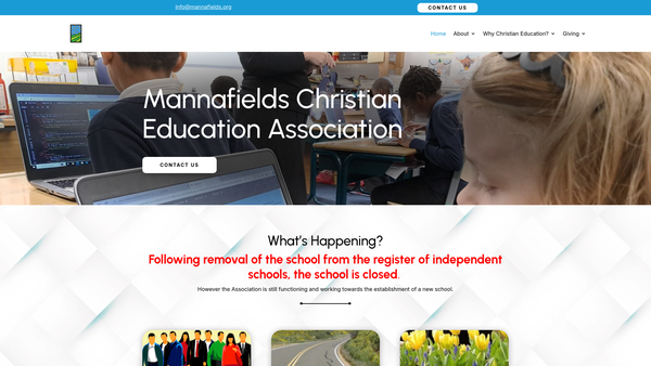 Screenshot of the Mannafields Christian Education Association SCIO website