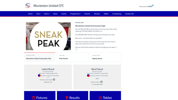 Screenshot of the Murieston United Community Football Club website