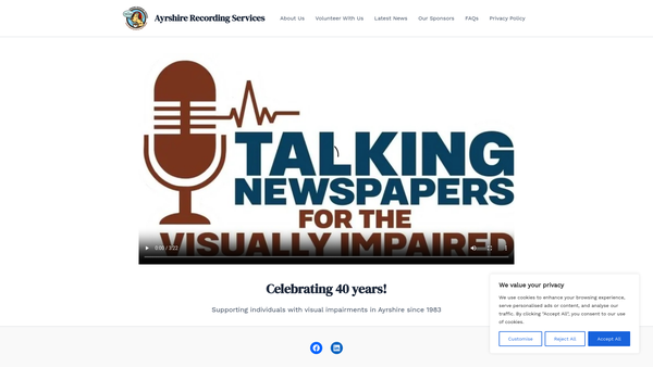 Screenshot of the Ayrshire Recording Services (Talking Newspapers for the Visually Impaired) website