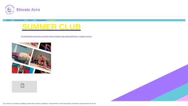 Screenshot of the Elevate Acro Gymnastics Club website