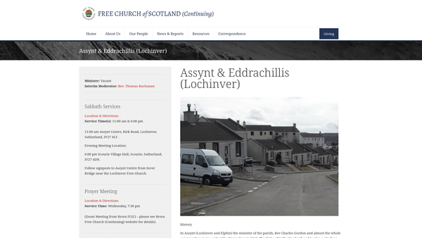 Screenshot of the Assynt & Eddrachillis Free Church of Scotland (Continuting) website