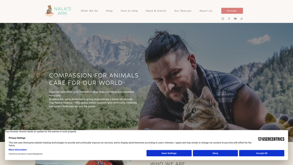 Screenshot of the Nala's Ark website