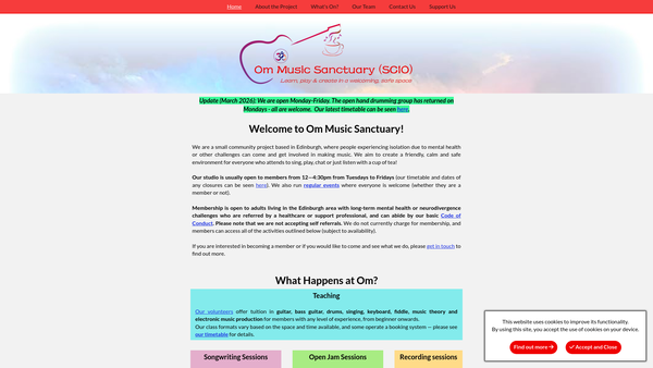 Screenshot of the Om Music Sanctuary (SCIO) website