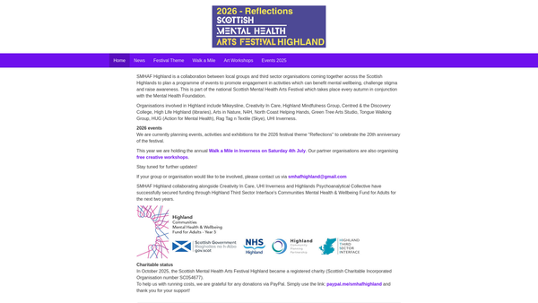 Screenshot of the Scottish Mental Health Arts Festival Highland website