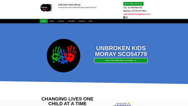 Screenshot of the Unbroken Kids Moray website