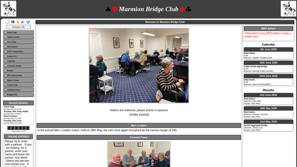 Screenshot of the Marmion Bridge Club website