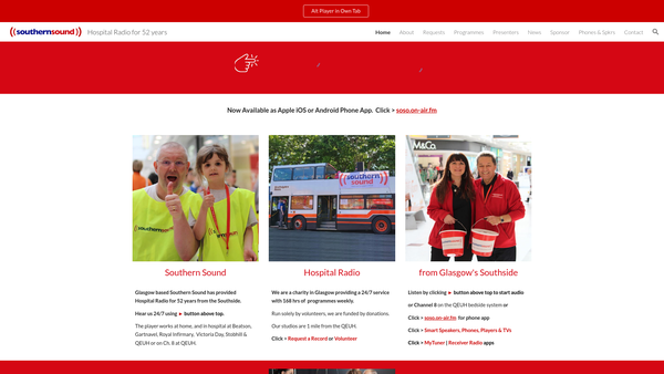 Screenshot of the Southern Sound - Hospital Radio [SCIO] website