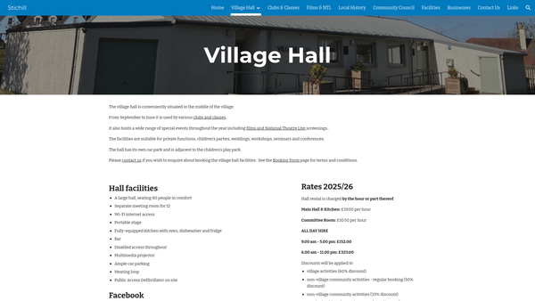 Screenshot of the Stichill Village Hall SCIO website