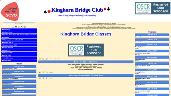 Screenshot of the Kinghorn Bridge Club SCIO website