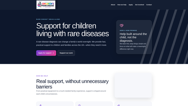 Screenshot of the Here And Now Children's Rare Disease Support SCIO website